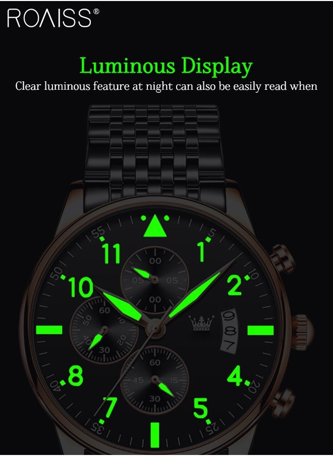 Men's Business Watch with Date Luminous Analog Display Round Wristwatch Stainless Steel Strap with Stopwatch Chronograph Function