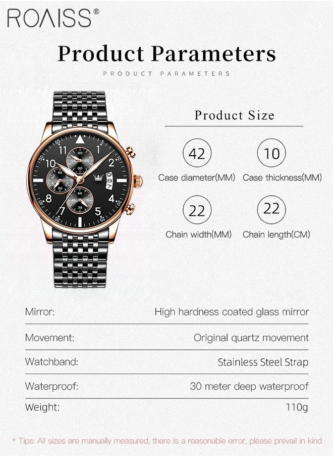 Men's Business Watch with Date Luminous Analog Display Round Wristwatch Stainless Steel Strap with Stopwatch Chronograph Function