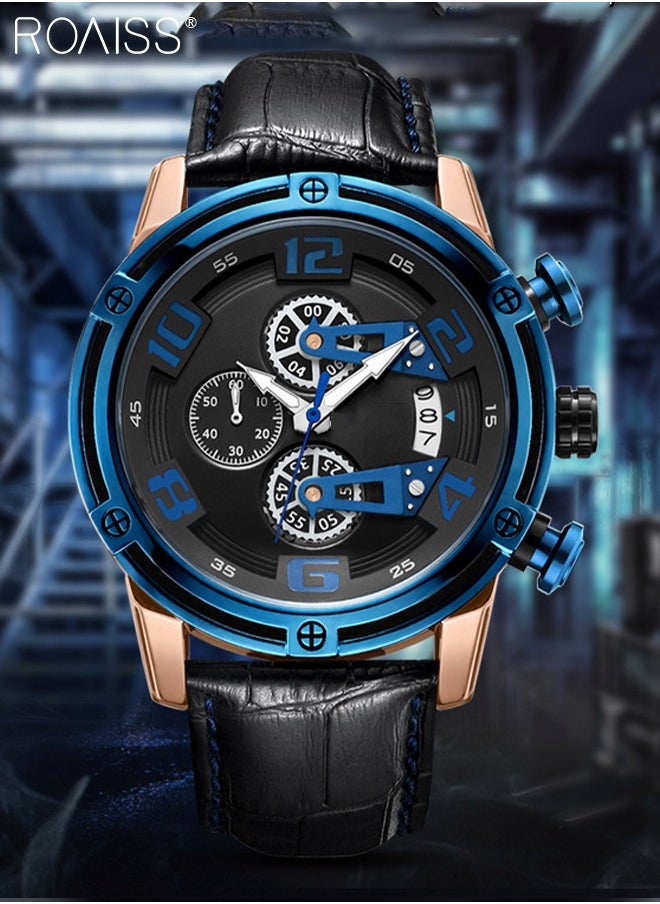 Men's Sports Multifunctional Chronograph Watch Luminous Quartz Watch with Leather Band Calendar Sports Business Work as Gift for Men