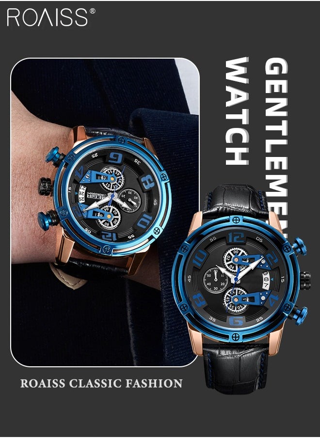Men's Sports Multifunctional Chronograph Watch Luminous Quartz Watch with Leather Band Calendar Sports Business Work as Gift for Men