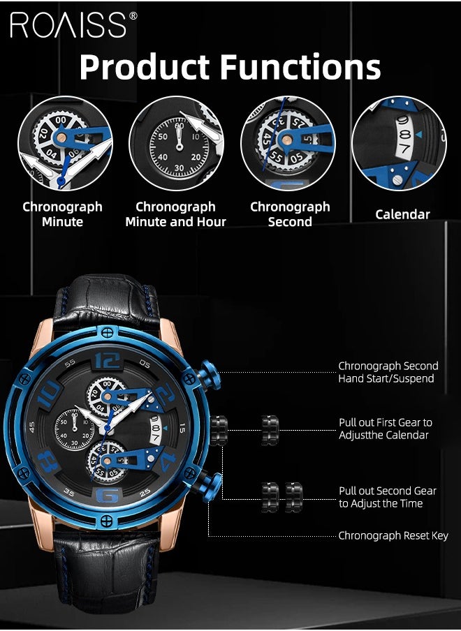Men's Sports Multifunctional Chronograph Watch Luminous Quartz Watch with Leather Band Calendar Sports Business Work as Gift for Men