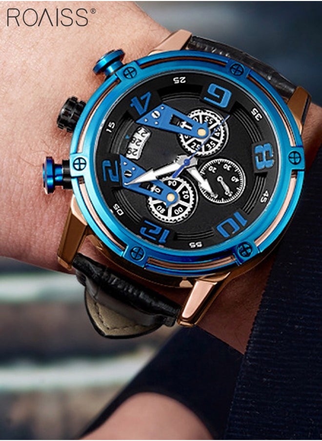 Men's Sports Multifunctional Chronograph Watch Luminous Quartz Watch with Leather Band Calendar Sports Business Work as Gift for Men