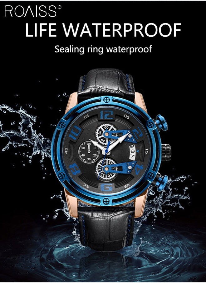 Men's Sports Multifunctional Chronograph Watch Luminous Quartz Watch with Leather Band Calendar Sports Business Work as Gift for Men