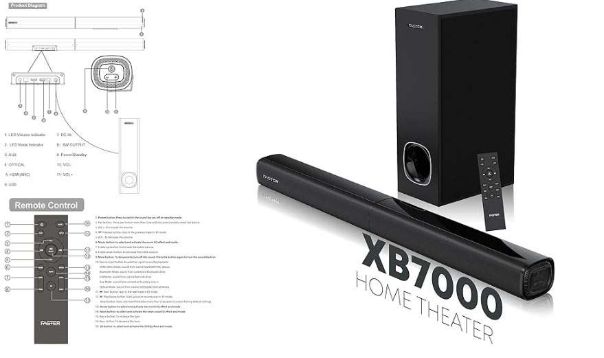 XB7000 2.1 CH Home Theater Soundbar - Wired Subwoofer 80W Powerful Output - Dedicated Sound Mode, Deep and Thrilling Bass, Digital Embedded - Supporting Bluetooth, Optical HDMI(ARC), AUX, USB & Remote