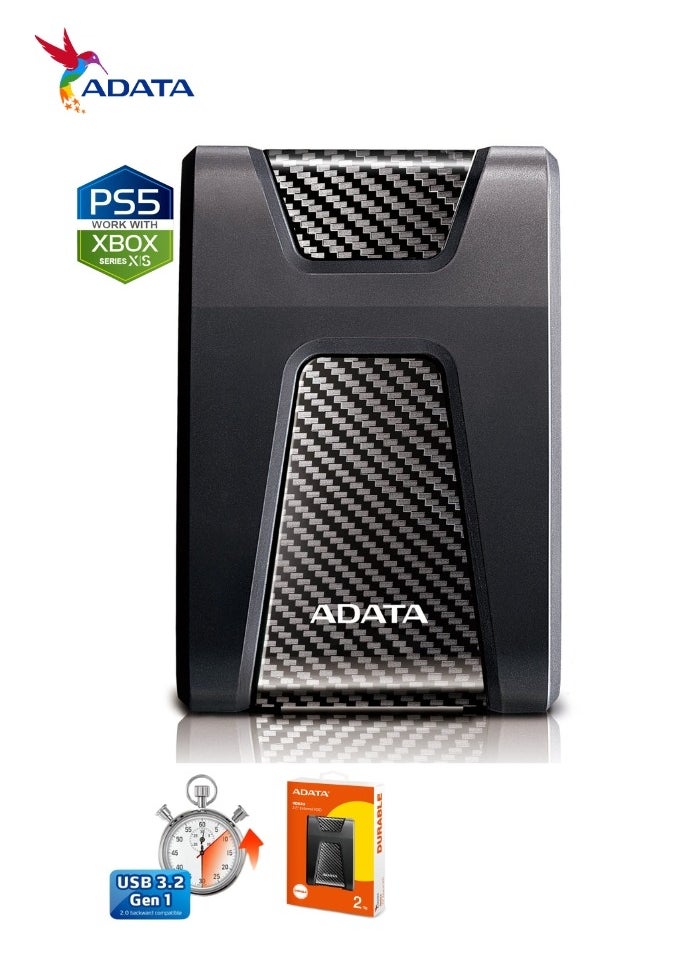 HD650 DURABLE 2TB External HDD | Anti-Shock Hard Drive | Compatible with PS5 XBOX | Black