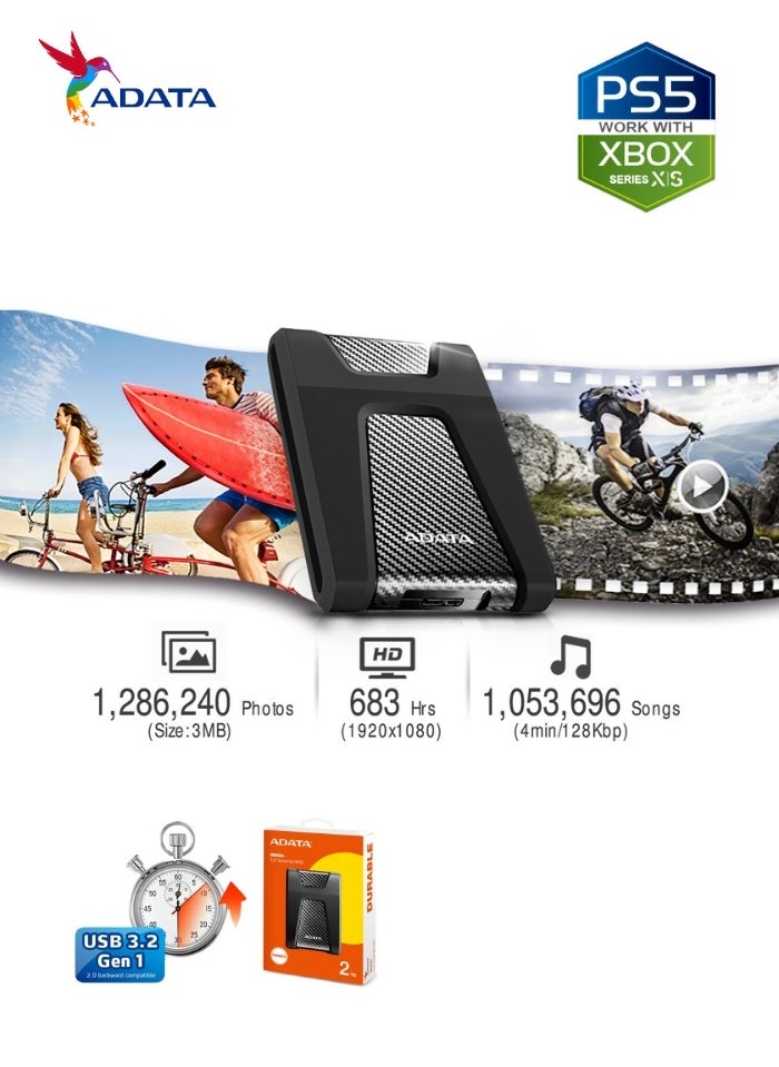 HD650 DURABLE 2TB External HDD | Anti-Shock Hard Drive | Compatible with PS5 XBOX | Black