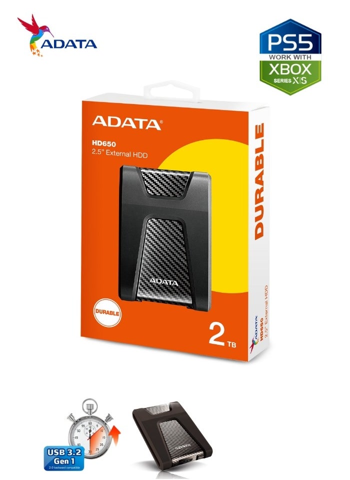 HD650 DURABLE 2TB External HDD | Anti-Shock Hard Drive | Compatible with PS5 XBOX | Black