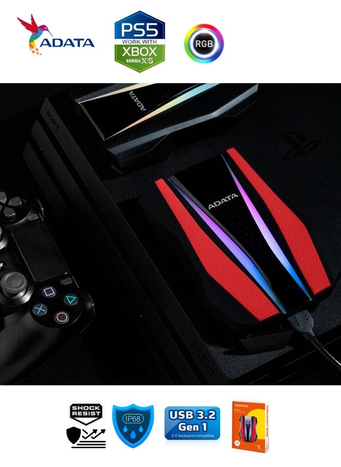 HD770G RGB 1TB External HDD Portable Hard Drive for PS5 XBOX Gaming Waterproof and Dustproof | Red