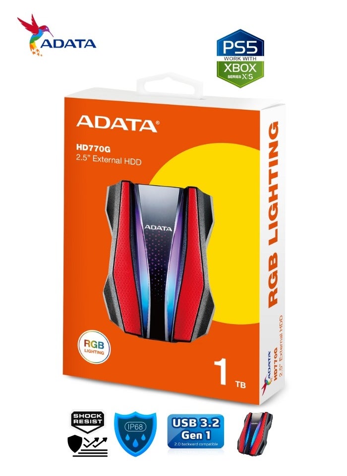 HD770G RGB 1TB External HDD Portable Hard Drive for PS5 XBOX Gaming Waterproof and Dustproof | Red