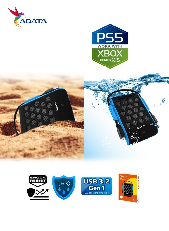 HD720 Pro DURABLE 2TB External HDD | Fast Data IP68 Anti-Shock Hard Drive | Compatible with PS5 XBOX | Shockproof Waterproof | Blue