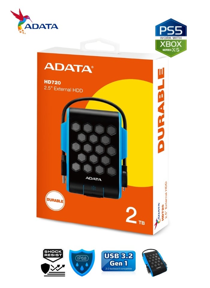 HD720 Pro DURABLE 2TB External HDD | Fast Data IP68 Anti-Shock Hard Drive | Compatible with PS5 XBOX | Shockproof Waterproof | Blue
