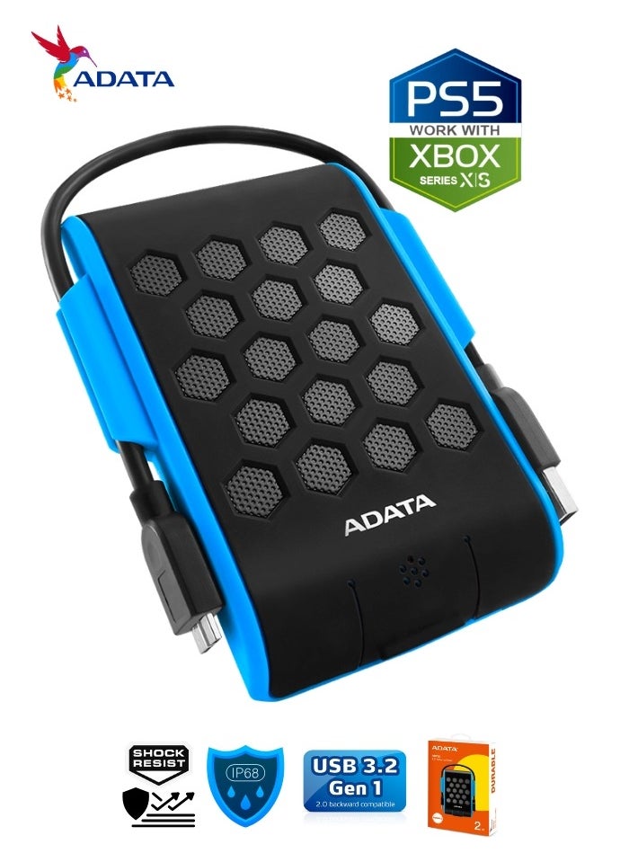 HD720 Pro DURABLE 2TB External HDD | Fast Data IP68 Anti-Shock Hard Drive | Compatible with PS5 XBOX | Shockproof Waterproof | Blue