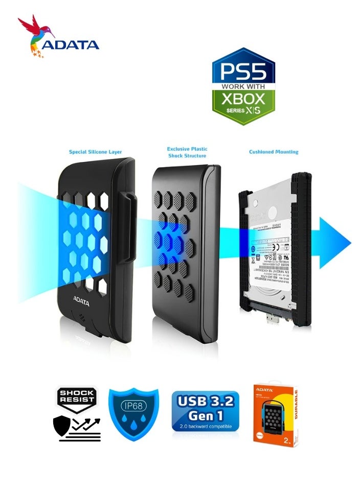 HD720 Pro DURABLE 2TB External HDD | Fast Data IP68 Anti-Shock Hard Drive | Compatible with PS5 XBOX | Shockproof Waterproof | Blue