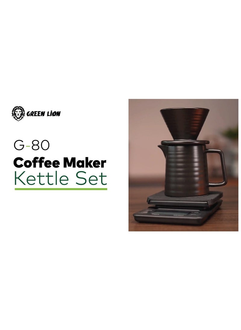 G-80 Plus Coffe Maker Kettle Set / Bean Grinder / 600ml Black Coffee Kettle / Glass Hand Grinder / Ceramic Dripper / Ceramic Server / x2 Glass Cup / 40 Pcs Paper Filter / Travel Box- Black