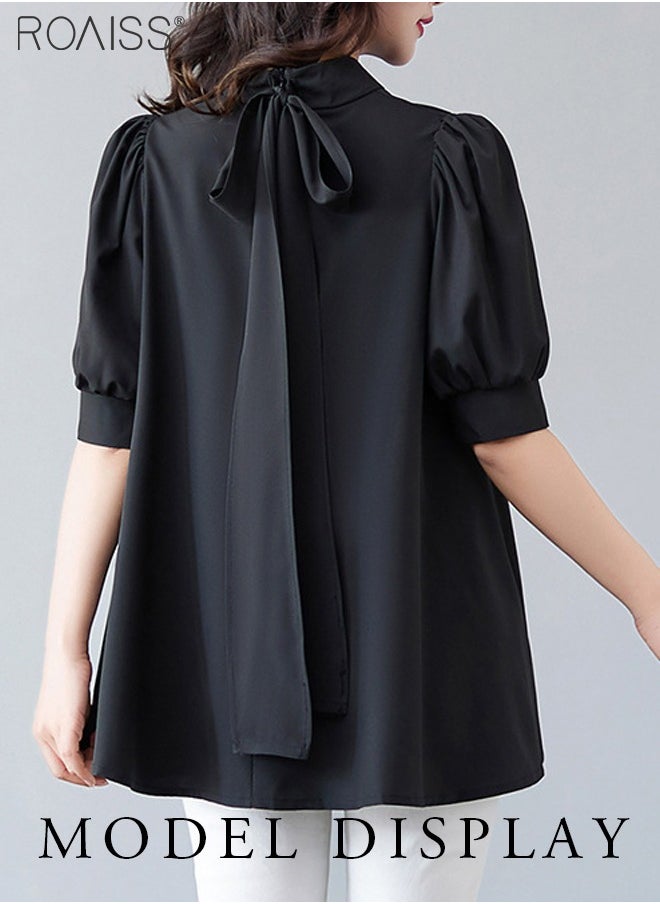 Fashionable And Elegant Short-Sleeved Shirt For Women Versatile Daily Commuting Bow Ribbon Tie Stand-Up Collar Pullover