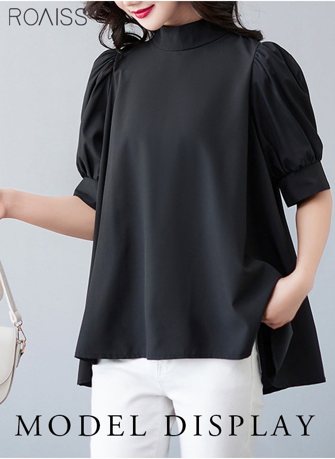 Fashionable And Elegant Short-Sleeved Shirt For Women Versatile Daily Commuting Bow Ribbon Tie Stand-Up Collar Pullover