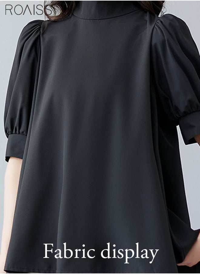 Fashionable And Elegant Short-Sleeved Shirt For Women Versatile Daily Commuting Bow Ribbon Tie Stand-Up Collar Pullover