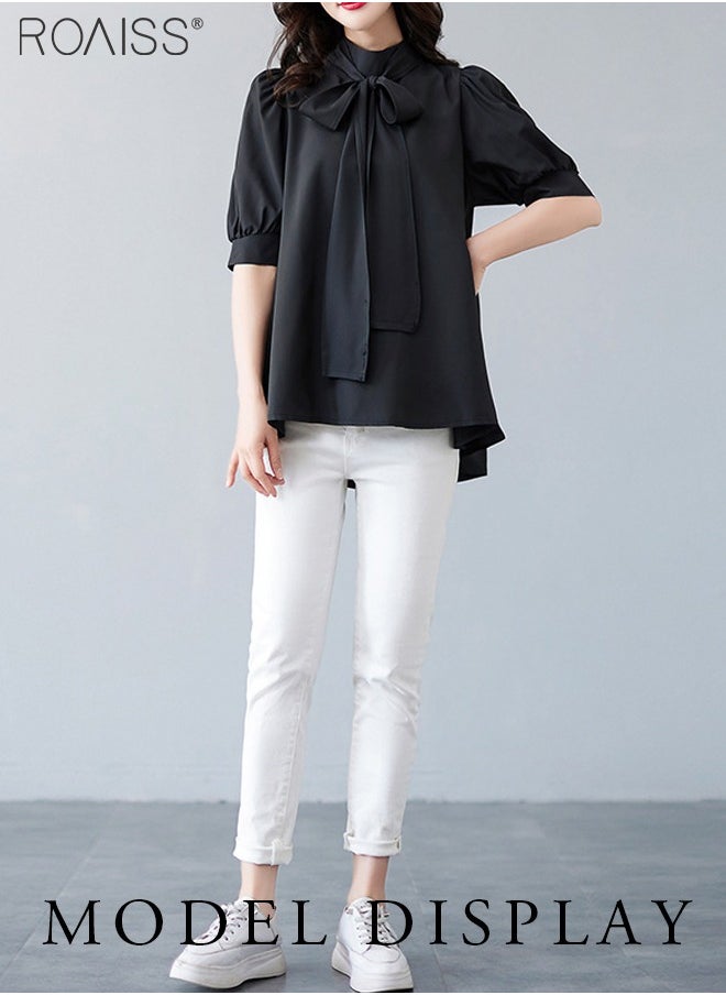 Fashionable And Elegant Short-Sleeved Shirt For Women Versatile Daily Commuting Bow Ribbon Tie Stand-Up Collar Pullover