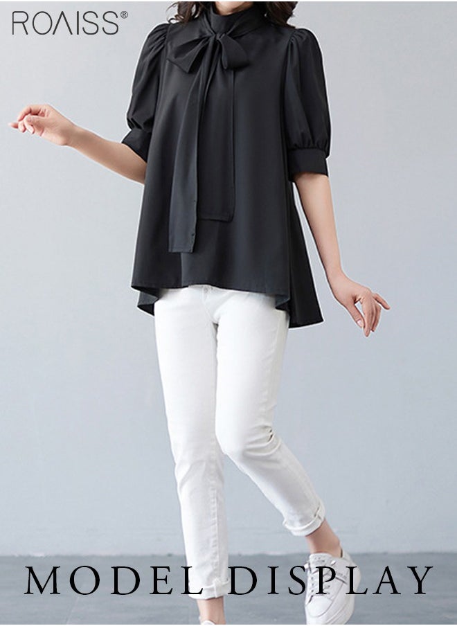 Fashionable And Elegant Short-Sleeved Shirt For Women Versatile Daily Commuting Bow Ribbon Tie Stand-Up Collar Pullover