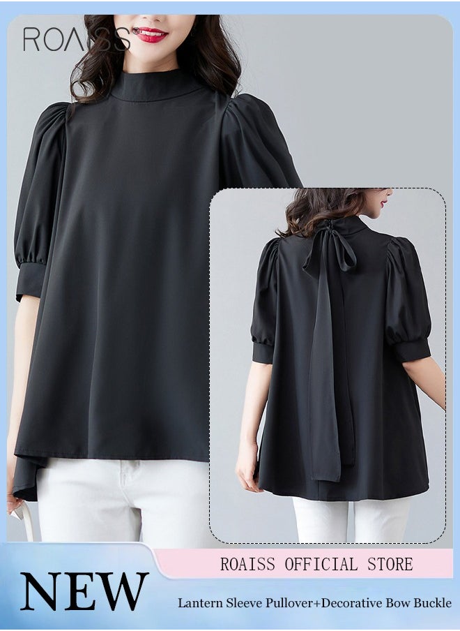 Fashionable And Elegant Short-Sleeved Shirt For Women Versatile Daily Commuting Bow Ribbon Tie Stand-Up Collar Pullover