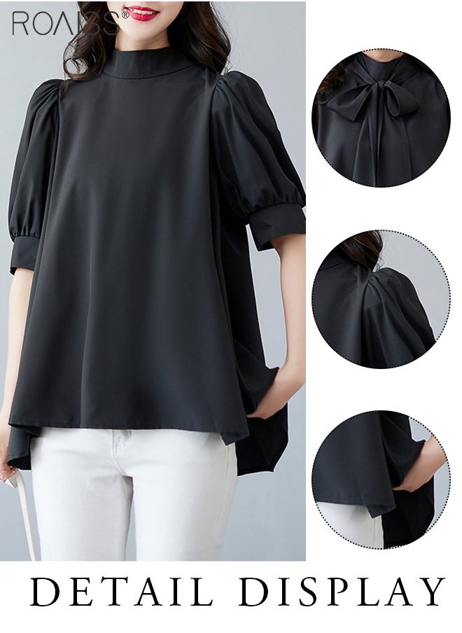 Fashionable And Elegant Short-Sleeved Shirt For Women Versatile Daily Commuting Bow Ribbon Tie Stand-Up Collar Pullover