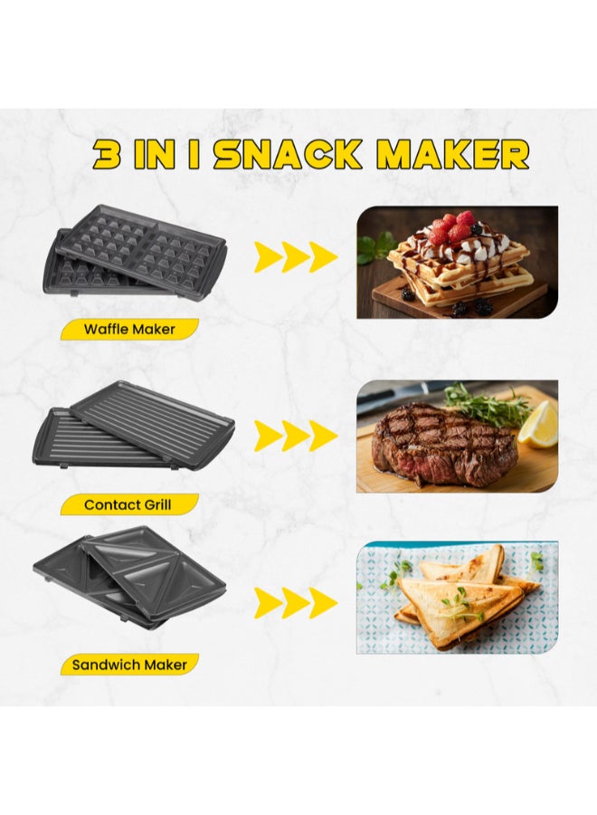 Multi-Snack Maker 3-in-1 - Non-Stick Detachable Cooking Plate | Cooks Delicious Crispy Sandwiches/Waffles/Grills | Cool Touch Handle | Automatic Temperature Control 760 W SSM-861 Black/Silver