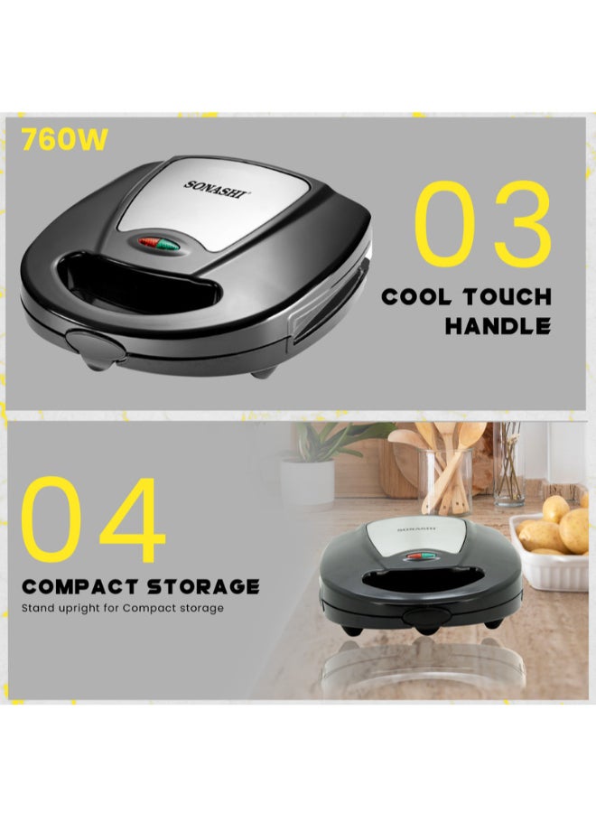 Multi-Snack Maker 3-in-1 - Non-Stick Detachable Cooking Plate | Cooks Delicious Crispy Sandwiches/Waffles/Grills | Cool Touch Handle | Automatic Temperature Control 760 W SSM-861 Black/Silver