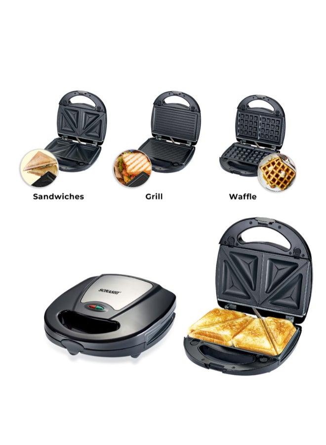 Multi-Snack Maker 3-in-1 - Non-Stick Detachable Cooking Plate | Cooks Delicious Crispy Sandwiches/Waffles/Grills | Cool Touch Handle | Automatic Temperature Control 760 W SSM-861 Black/Silver