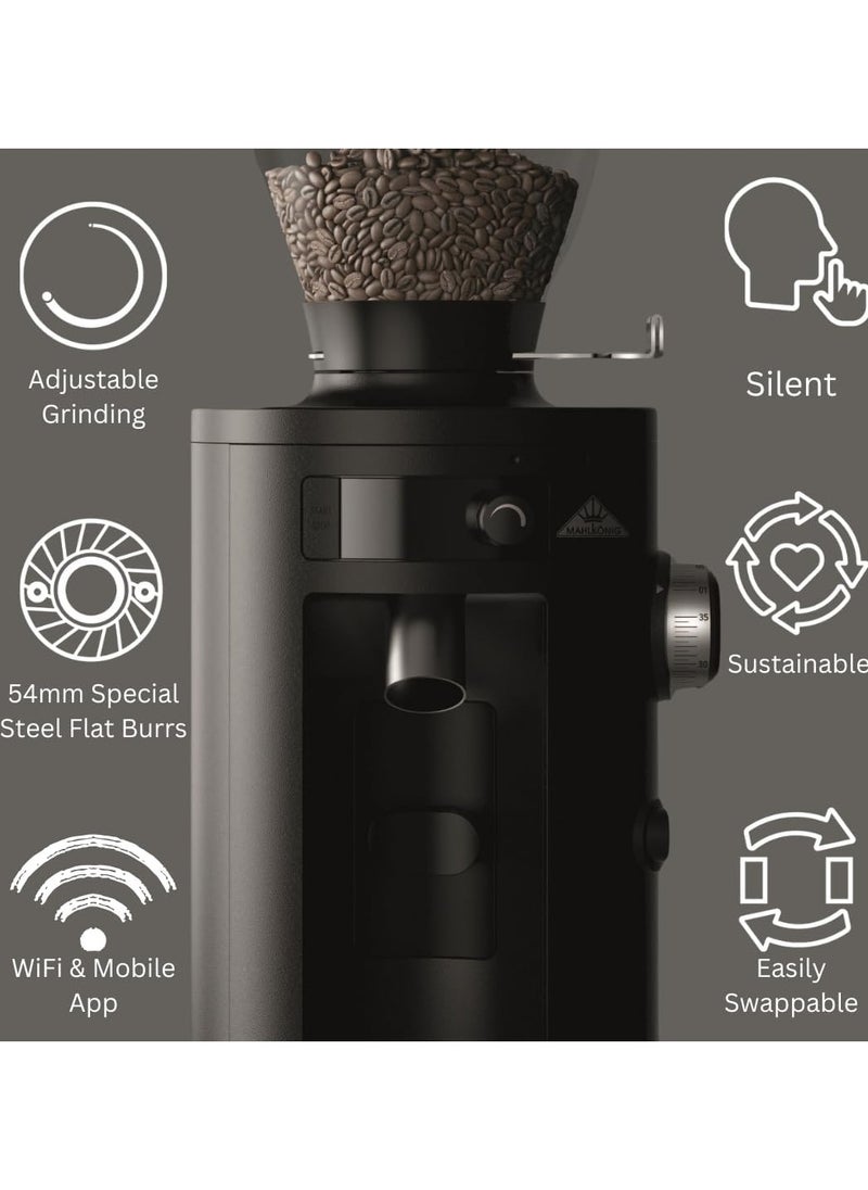 X54 Allrounder Home Electric Coffee Grinder, Easily Swappable Fronts for Espresso to Cold Brew, 54mm Flat Steel Burr With 1-2.8g of Coffee Grinding Capacity/sec, Multifunctional LED Display, App Connectivity through Wifi, 220-240 V, 50/60 Hz, 250g Bean Hopper - Black