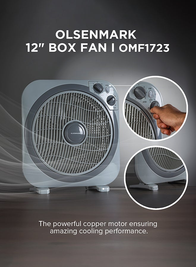 12 inch Box Fan OMF1723N, 3 Speed Control, 60 minutes timer, Powerful Personal Desk Box Fan With Copper Motor, Table Fan for Office, Home (3 Speed) Fan Guard OMF1723 Grey