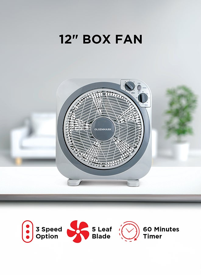 12 inch Box Fan OMF1723N, 3 Speed Control, 60 minutes timer, Powerful Personal Desk Box Fan With Copper Motor, Table Fan for Office, Home (3 Speed) Fan Guard OMF1723 Grey