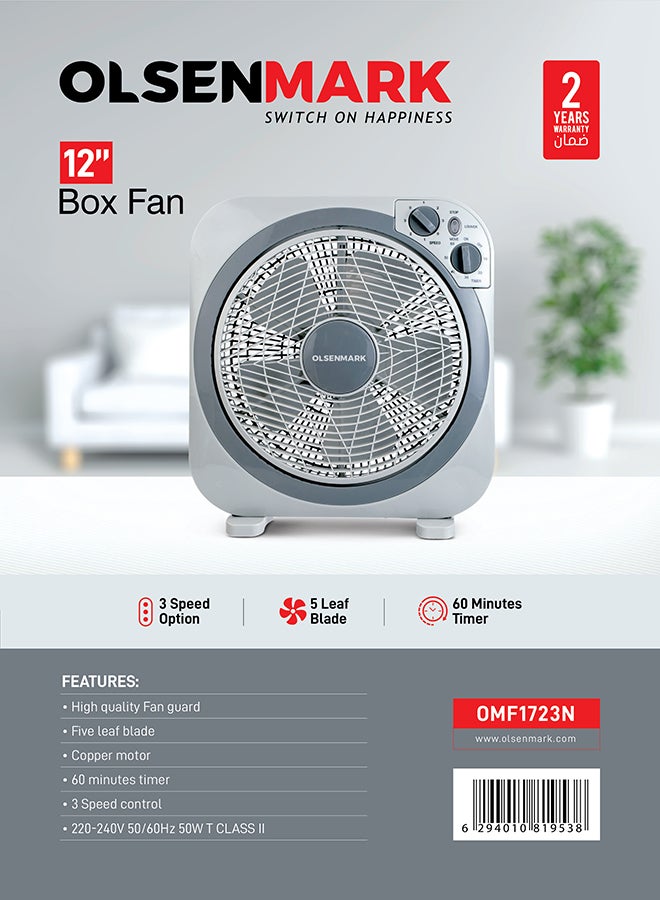 12 inch Box Fan OMF1723N, 3 Speed Control, 60 minutes timer, Powerful Personal Desk Box Fan With Copper Motor, Table Fan for Office, Home (3 Speed) Fan Guard OMF1723 Grey