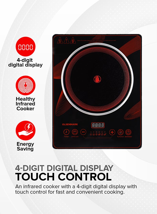 Digital Control Electric Infrared Cooker, Single Cooking Hob, Burner With Adjustable Temperature, Energy Saving/ Touch Control, 20 Settings, Stainless Steel Body and Tempered Glass Panel, 2 Years Warranty 2200 W OMIC2092M Black/Red