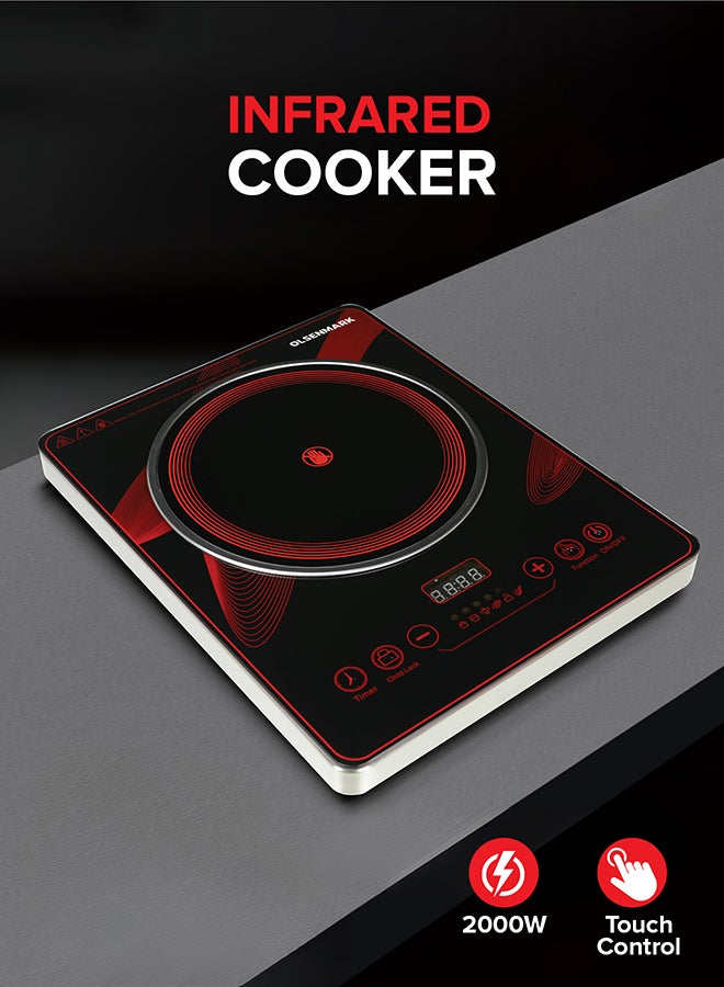 Digital Control Electric Infrared Cooker, Single Cooking Hob, Burner With Adjustable Temperature, Energy Saving/ Touch Control, 20 Settings, Stainless Steel Body and Tempered Glass Panel, 2 Years Warranty 2200 W OMIC2092M Black/Red