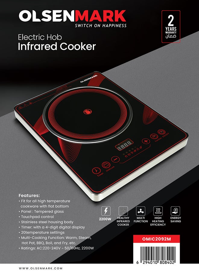 Digital Control Electric Infrared Cooker, Single Cooking Hob, Burner With Adjustable Temperature, Energy Saving/ Touch Control, 20 Settings, Stainless Steel Body and Tempered Glass Panel, 2 Years Warranty 2200 W OMIC2092M Black/Red