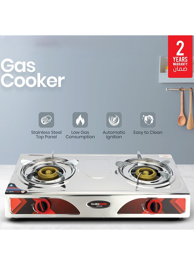 Double Burner Stainless Steel Gas Cooker OMK2230Z , Enamal Grate And Black Knob, Auto-Ignition Gas Cooker, Electroplated Pan Support, Low Gas Consumption And Efficient Burners OMK2230Z Silver