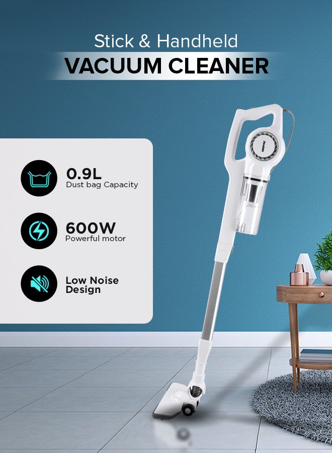 Stick And Handheld Vacuum Cleaner, HEPA Filter, 0.9L Dust Bag Capacity, 600W Powerful Motor, Transparent Dust Cup for Easy Check, Lightweight Body And Low Noise 0.9 L 600 W GVC2596N White