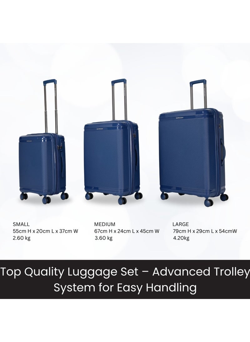 Giordano League Luggage Set PP Hardshell Travel Business Suitcase, Durable Hardside Unbreakable Lightweight Expandable Anti-theft Zip 4 Double Wheel TSA Lock 3pcs Trolley (20+24+28 Inch).Navy