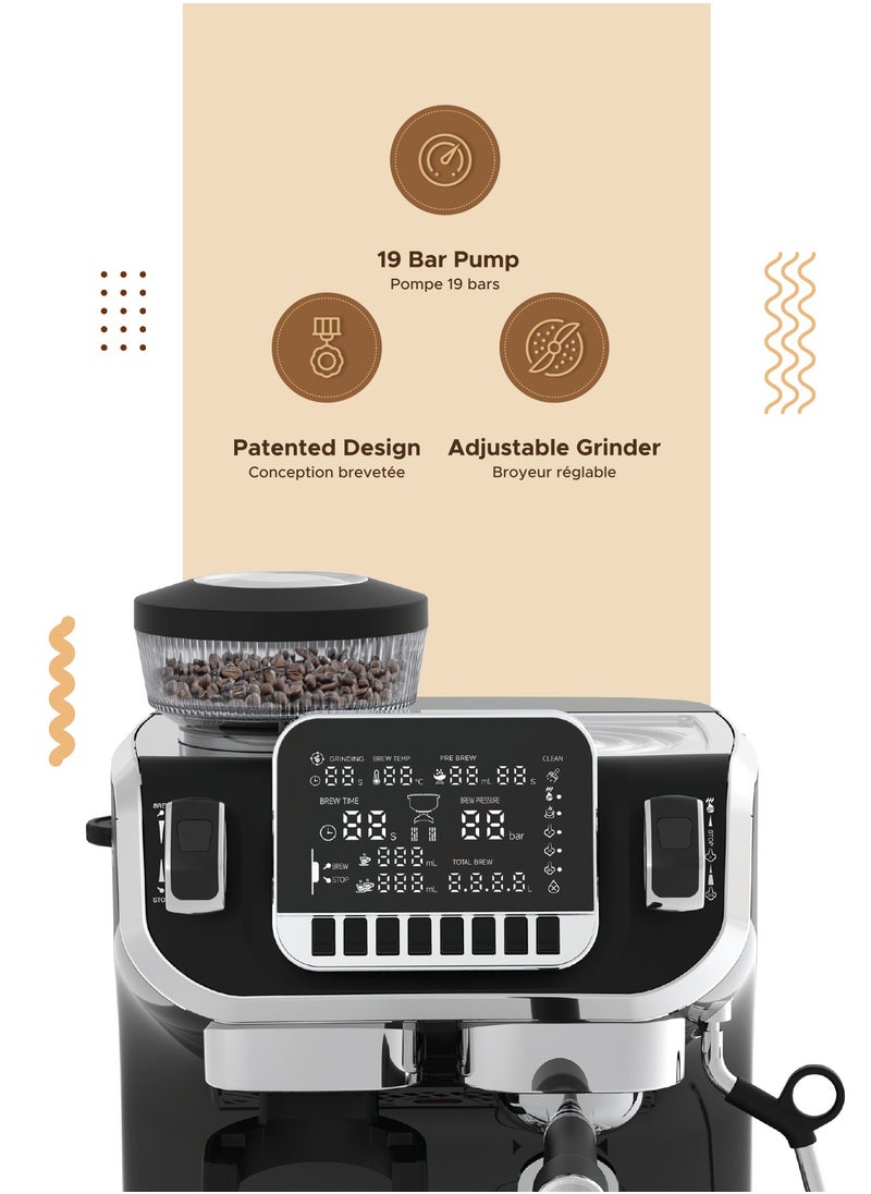 Espresso Coffee Machine with Bean Grinder and LCD Display Coffee Maker - Black