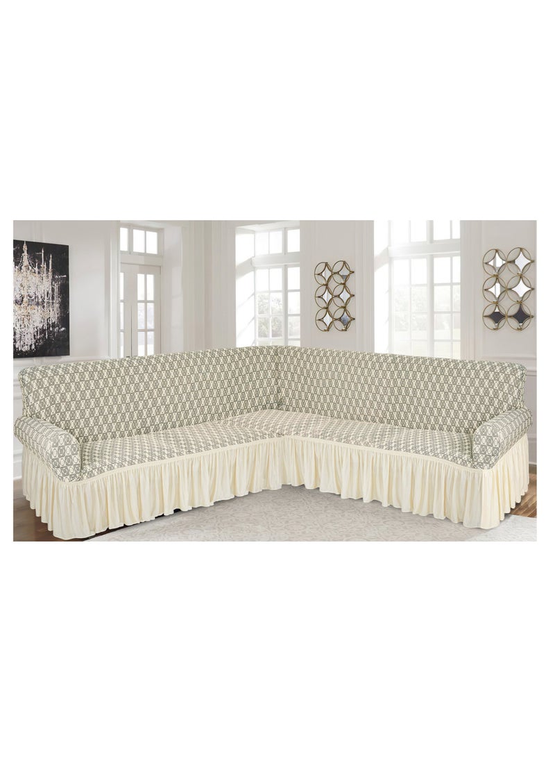 Stretch Fit L Shape Sofa Cover 6 Seater Slip Cover Jacquard Fabric Corner Sofa Cover for Large Sofa Free Size Fits on Different Models of Sofa 4 to 6 Meter Length with any Side Corner Cream