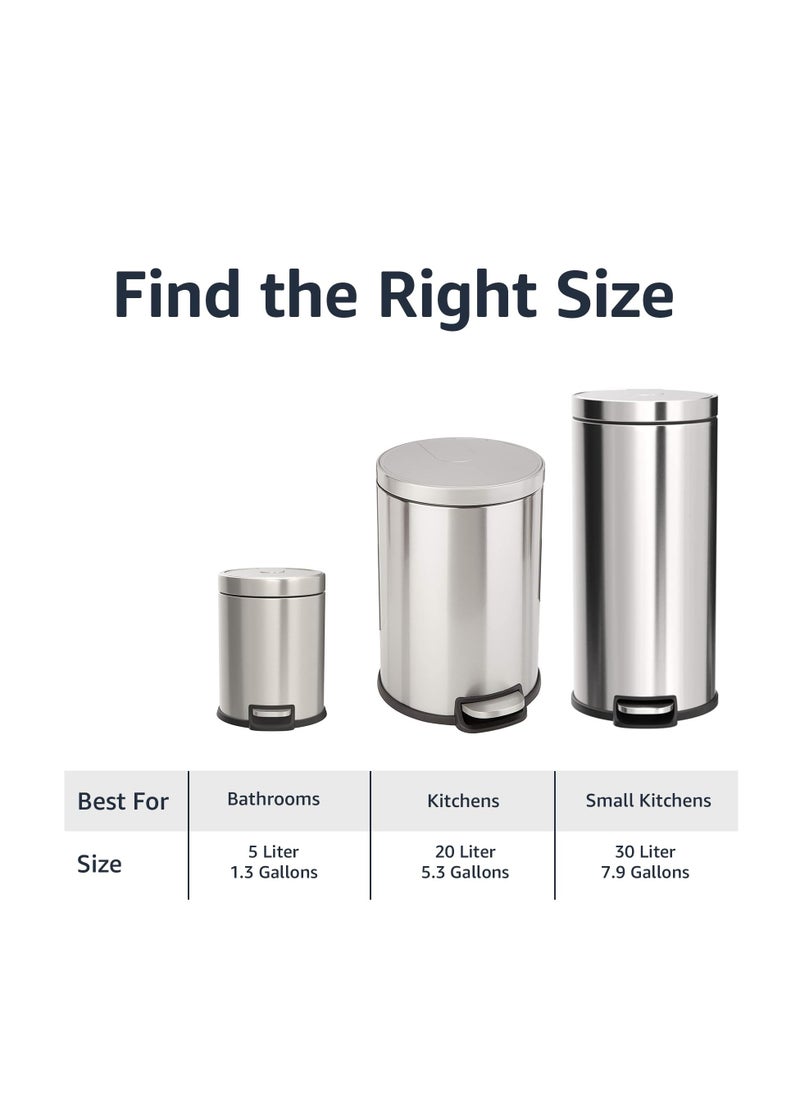 Round Cylindrical Trash Can With Soft-Close Foot Pedal, 20 Liter/5.3 Gallon, Brushed Stainless Steel
