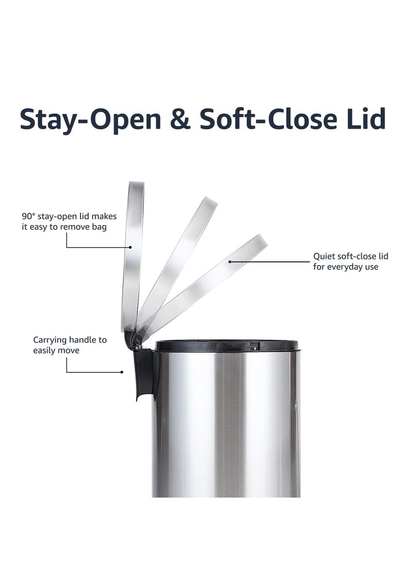 Round Cylindrical Trash Can With Soft-Close Foot Pedal, 20 Liter/5.3 Gallon, Brushed Stainless Steel