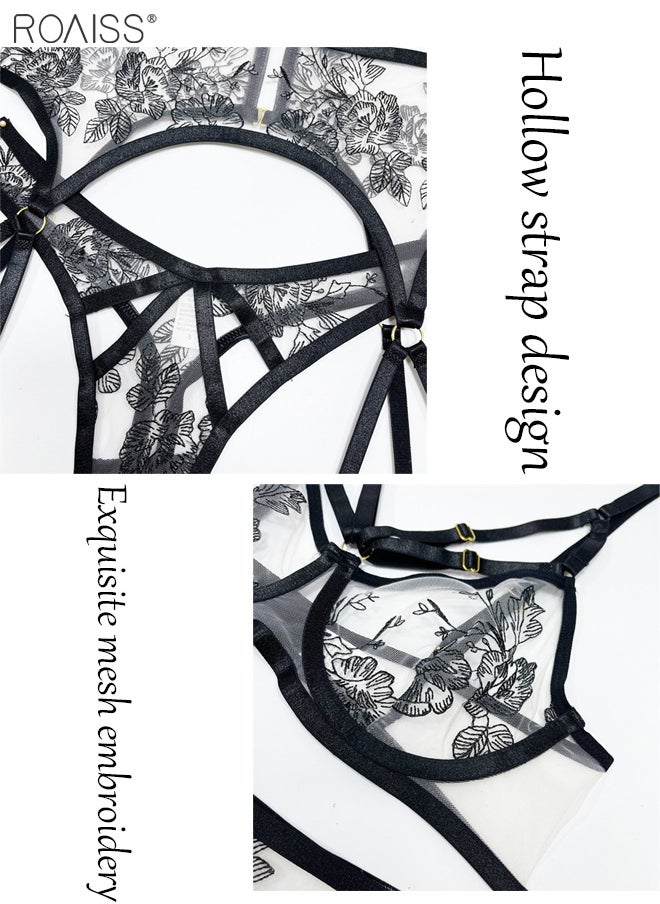 3-Piece Women's Embroidered Underwear Adjustable Bra With Steel Ring Without Chest Pad Strap High Waisted Thong Semi Transparent Mesh Garter