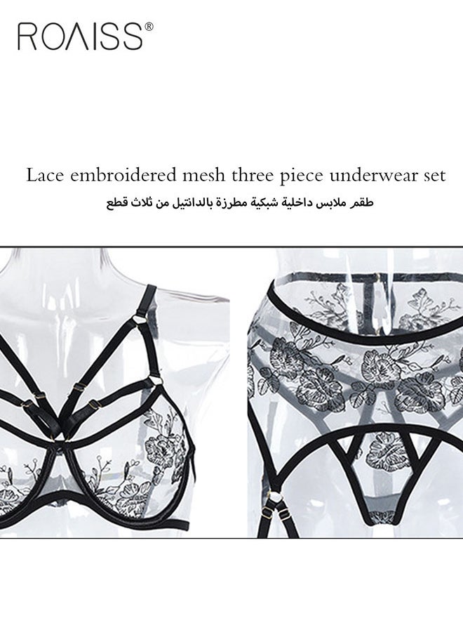 3-Piece Women's Embroidered Underwear Adjustable Bra With Steel Ring Without Chest Pad Strap High Waisted Thong Semi Transparent Mesh Garter