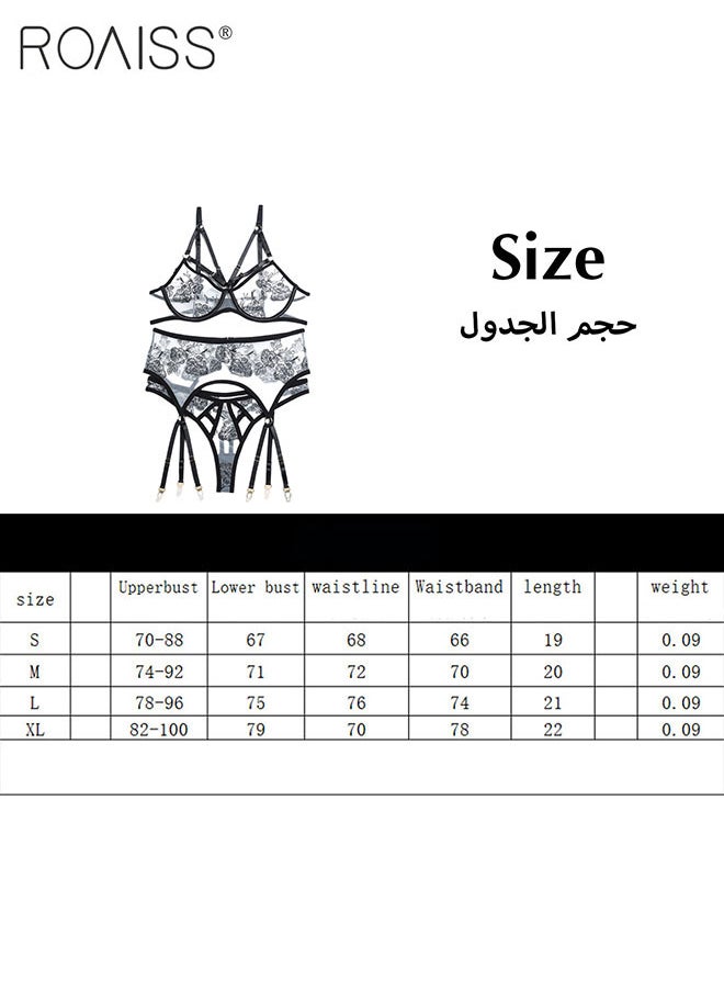 3-Piece Women's Embroidered Underwear Adjustable Bra With Steel Ring Without Chest Pad Strap High Waisted Thong Semi Transparent Mesh Garter