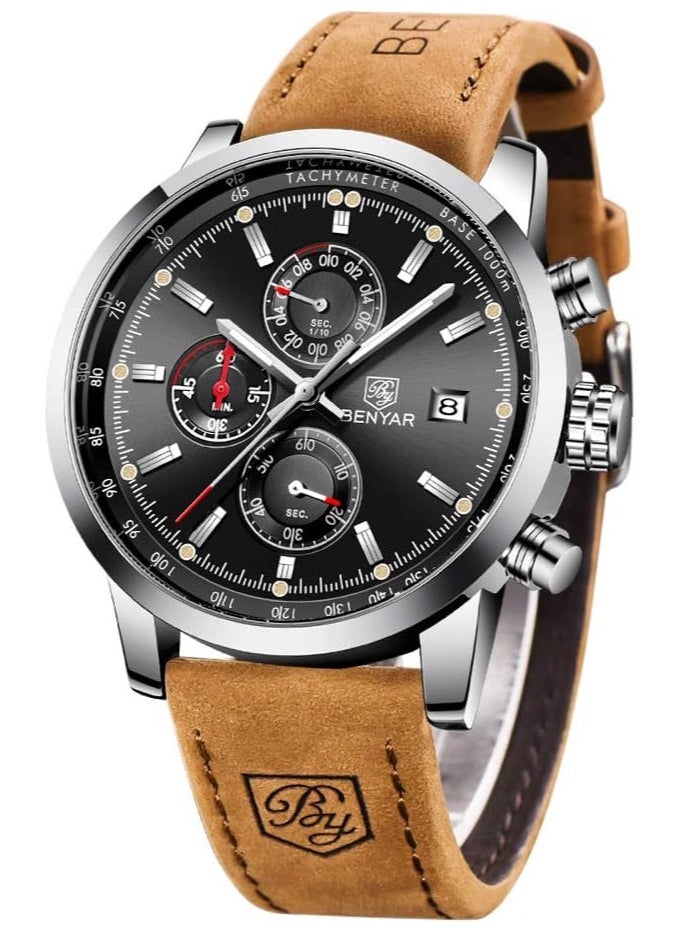 Watches for Men Luxury Quartz Water Resistant Watch Men's Chronograph Genuine Leather Strap 5102 Brown