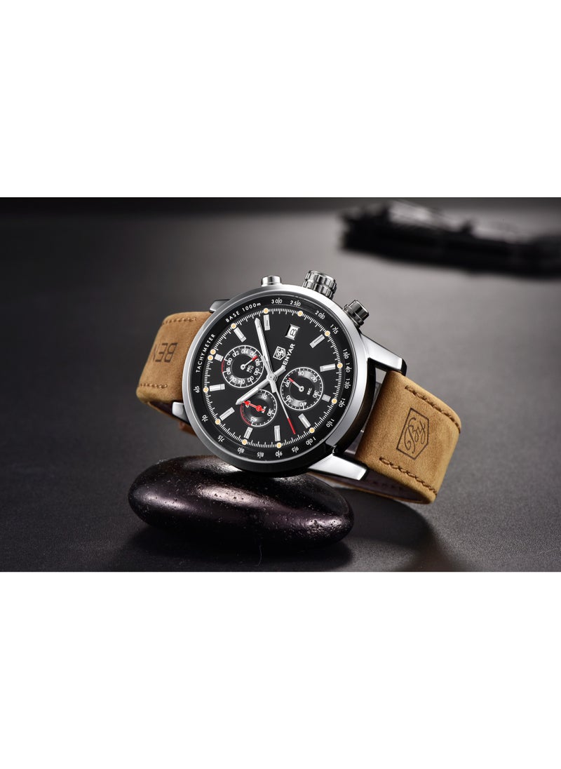 Watches for Men Luxury Quartz Water Resistant Watch Men's Chronograph Genuine Leather Strap 5102 Brown