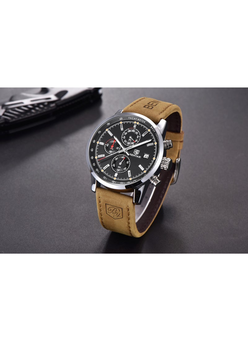 Watches for Men Luxury Quartz Water Resistant Watch Men's Chronograph Genuine Leather Strap 5102 Brown