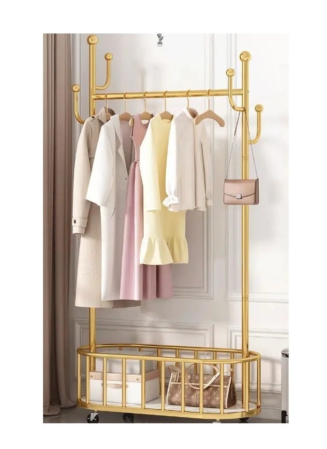 Storage shelf Stand with Clothes Rail and Rolling Coat Rack With Storage Shelf, Hanging Clothes Stand With Hooks For Hats, Drying Rack, Household Space Saving Storage Organizer For Bedroom,. (GOLD)