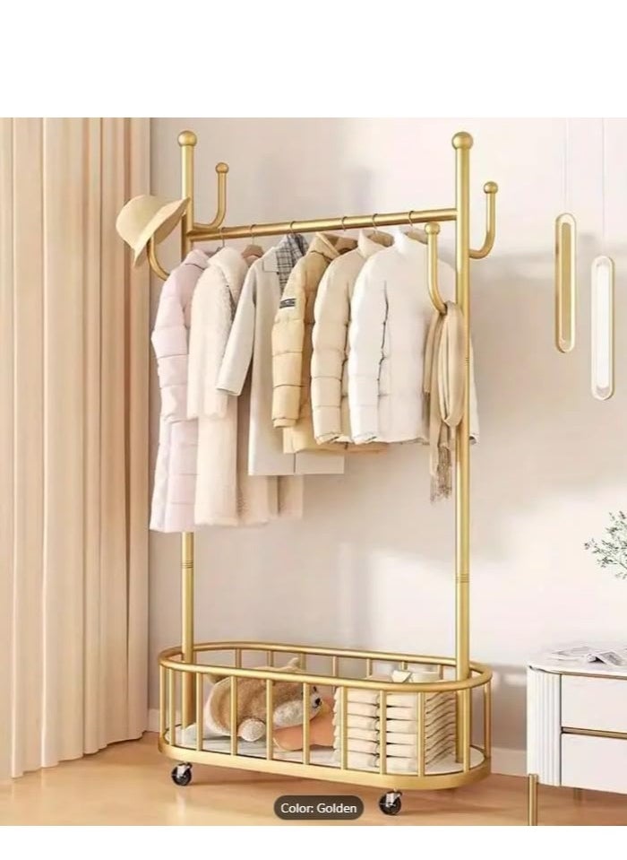 Storage shelf Stand with Clothes Rail and Rolling Coat Rack With Storage Shelf, Hanging Clothes Stand With Hooks For Hats, Drying Rack, Household Space Saving Storage Organizer For Bedroom,. (GOLD)